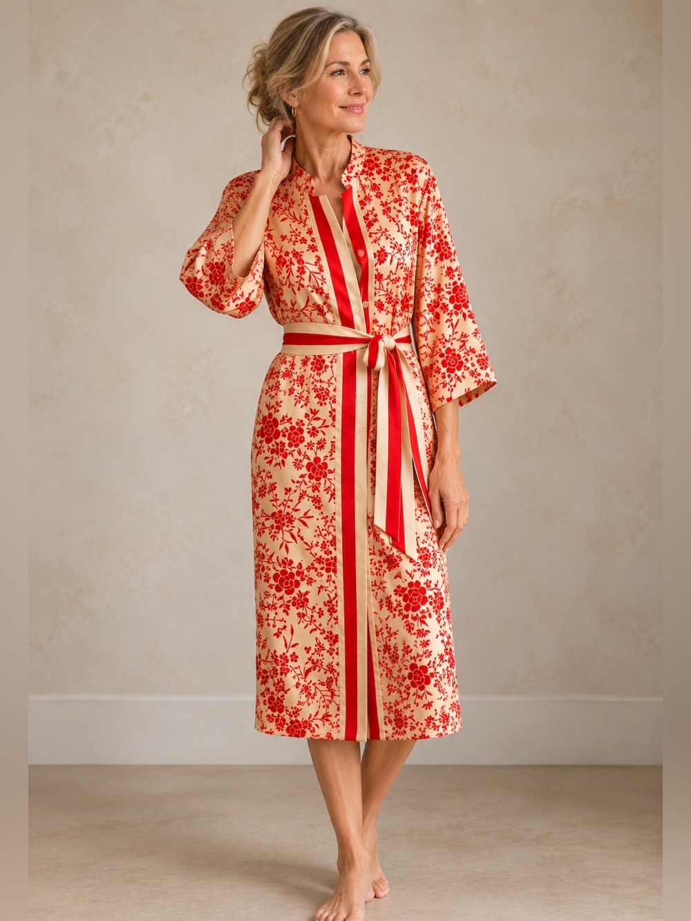 Vintage Red & Ivory Floral Satin Robe Dressing Gown Belted